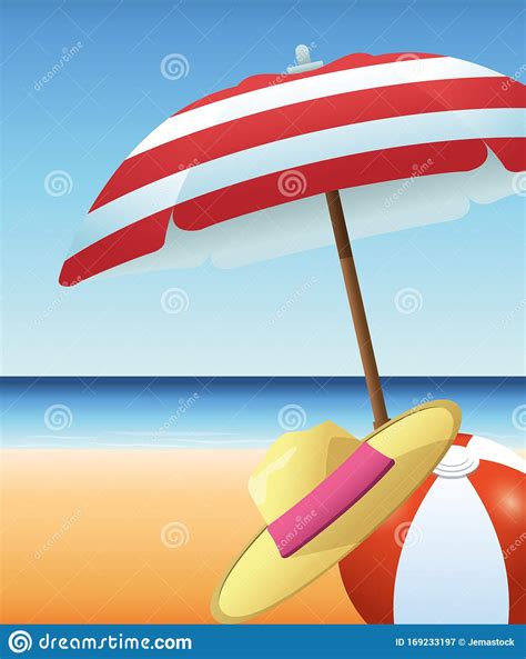 Summer Time In Beach Ball Umbrella Hat Sand Sea Stock Vector ...