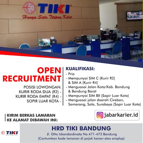 Sebanyak 18 lowongan kerja kurir bandung dan yang berhubungan dengan loker kurir, rekrutmen kurir, peluang kerja kurir, peluang berkarir kurir, pekerjaan kurir di loker.my.id. Lowongan Kerja Tiki Bandung Maret 2019 (Kurir & Sopir ...