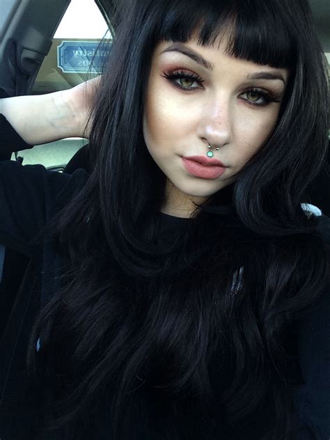 blunt short bangs & layered raven black hair. her makeup ...