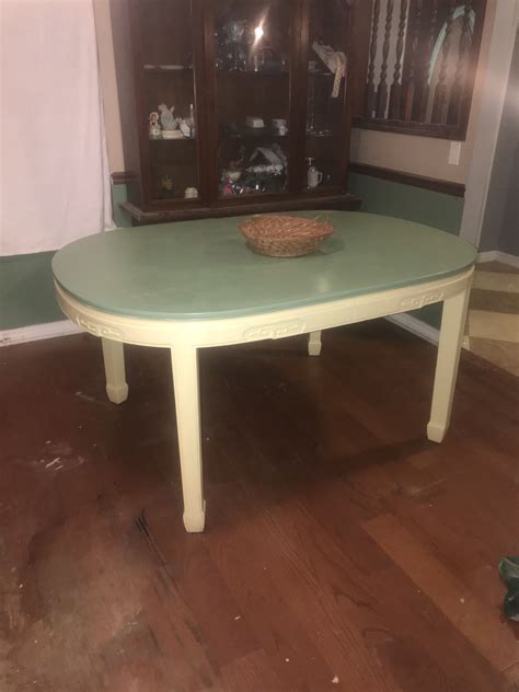 Constructed by solid asian rubberwood. $60 OBO Vintage Large wood Dining/Kitchen Oval Table Antique White Light Green Top Make Offer ...