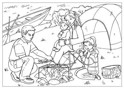 Includes camper, fishing gear, a picnic table with seating for 4, bathroom necessities, a sleeping bag, blankets and more (50 pieces total) Coloring page - Family at campfire