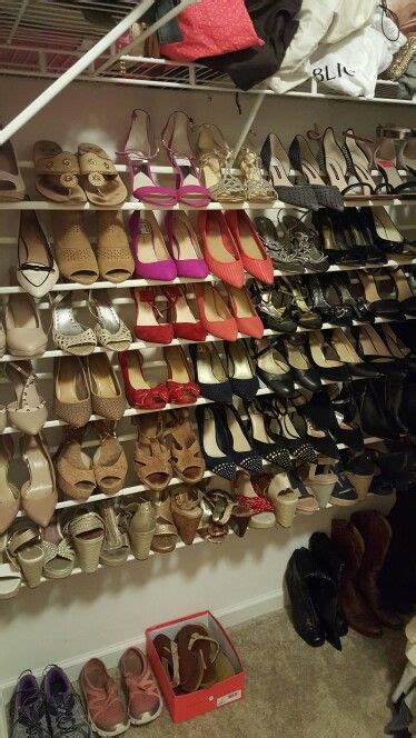 The toes of the shoes should go into the space; Love my new DIY Shoe wall using tension curtain rods ...