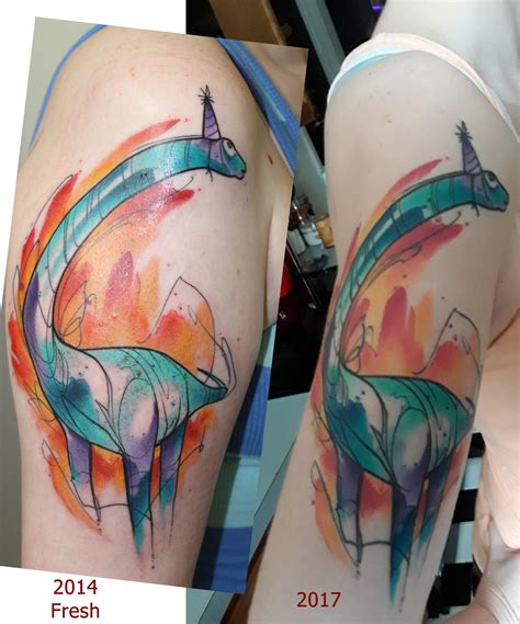 Watercolor tattoos expertly blend different hues, creating a piece that is bright and bold. Watercolor dinosaur tattoo, fresh vs. 3 years later ...