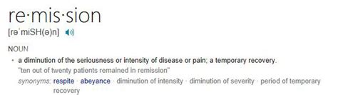 A cancer cure indicates that the disease has been eradicated and will never return to the body. Word of the day? REMISSION ~ 10 Little Rules