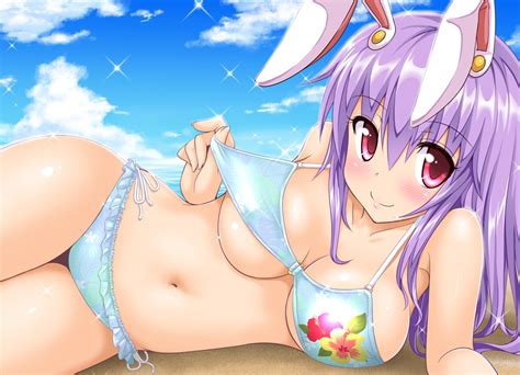 Cartoon white bunny with flower wreath holding a carrot in the garden. Wallpaper : anime girls, beach, bunny ears, Touhou, big ...