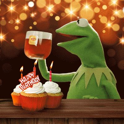 Everybody wants to be in the center of attention on this day. Kermit drinking tea and wishing happy birthday. Funny GIF ...