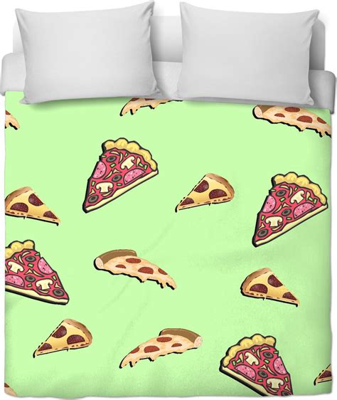 Opting for light colors on the wall and bedding. Pizza at light green all-over-print duvet cover, yummy ...