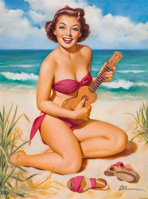 Brewing vintage monochrome concept vector. 1940s Pin-Up Girl Ukulele on the Beach Picture Poster ...