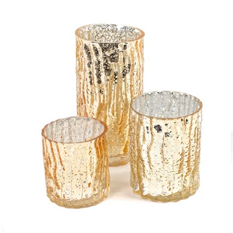 Use these gold mercury glass candle holders on tables, mantles, side tables or in other decoration settings. Gold Mercury Glass Candle Holders | Candle Votives Set of 3