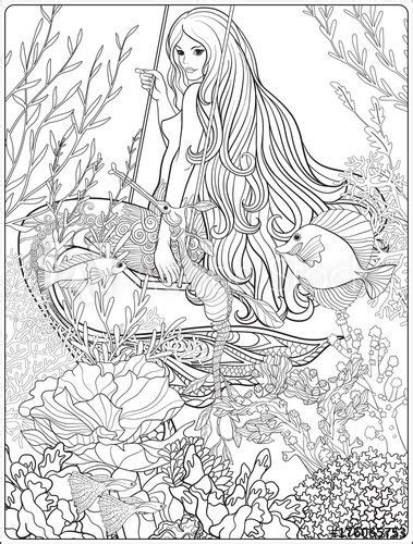 Coloring in with your children during the holidays can lead to a cooperative and peaceful. Hand drawn mermaid with long hair in underwater world ...
