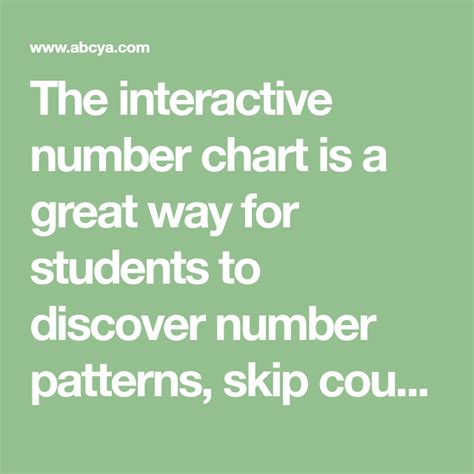 The interactive 100 number chart is a great way for students to discover number patterns, skip count, and learn multiplication tables. The interactive number chart is a great way for students to discover number patterns, skip count ...