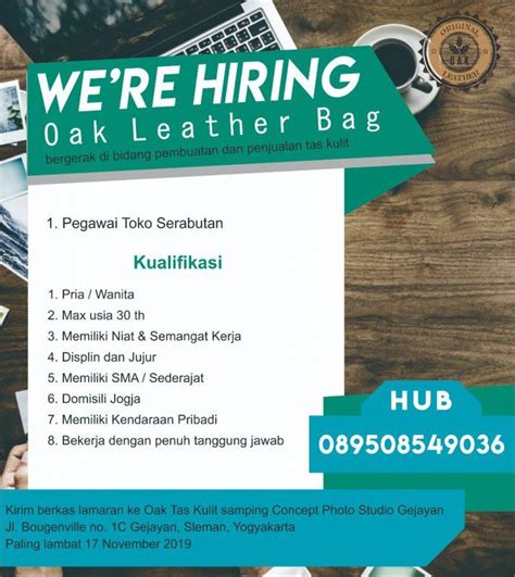 Waktu bekerja diperlukan ketika sedang ada muatan mengambil hasil kebun / tugas kaitanya dengan kegiatan kami. Lowongan Kerja Pegawai Toko Serabutan di Oak Leather Bag ...