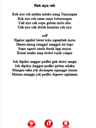 Lirik lagu rek ayo rek sundari daerah jawa timur silahkan baca semuanya disini tentang lagu daerah dan lirik lainnya. Download Aplikasi Lagu Daerah for PC