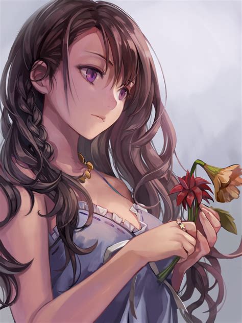 Who is your favorite anime character with blue hair? Brown-haired girl anime character holding a flower HD ...