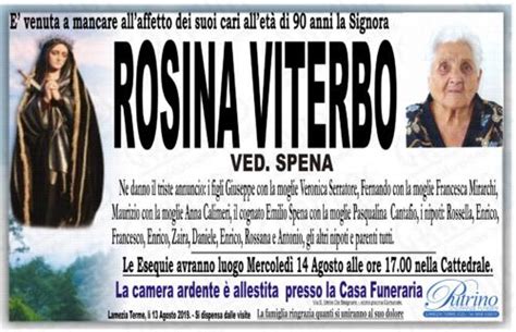 Jun 30, 2021 · da annalisa cuzzocrea a luca bottura e andrea romano, passando per lisa iotti, annamaria testa, stefano liberti, riccardo noury. Esequie ROSINA VITERBO - Necrologi Calabria