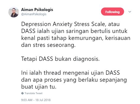 Depression anxiety stress scale atau ujian dass ialah ujian saringan bertulis untuk mengenal pasti tahap kemurungan, kerisauan dan stress seseorang. Adakah Anda Mempunyai Kemurungan Tersembunyi? Lakukan ...