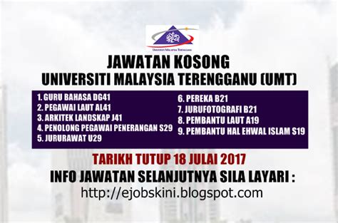 Berikut dikongsikan maklumat jawatan kosong guru mara 2020 gred dg41. Jawatan Kosong Universiti Malaysia Terengganu (UMT) - 18 ...