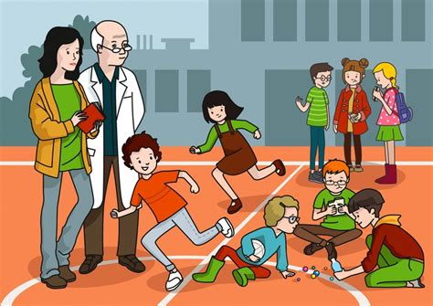 Los juegos de patio son los juegos infantiles clásicos , que se realizan sin ayuda de juguetes tecnológicamente complejos, sino con el propio cuerpo o con recursos fácilmente disponibles en la naturaleza (arena, rocas, ciertos huesos como las tabas, hojas, flores, palos, colores. Los niños juegan en el patio del colegio #Soyvisual