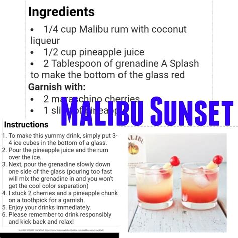 Learn more about malibu rum in the drink absolut vodka, coca cola, cuervo gold tequila, malibu rum, sour mix, tanqueray gin, triple sec. Malibu Sunset | Malibu sunset, Mixed drinks recipes, Mixed ...