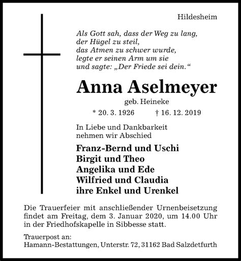 Nachrichten aus afz (allgemeine fleischer zeitung). Traueranzeigen von Anna Aselmeyer | Trauerportal ...