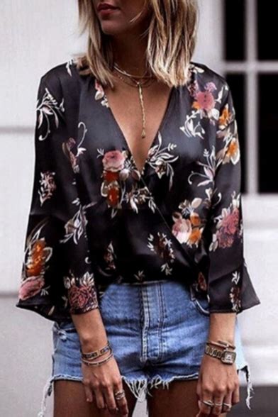 Long sleeve half high collar button solid color. Top Design Floral Pattern V-Neck Wrap Front Wide Sleeve ...