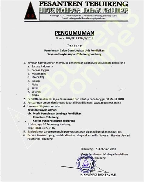 Pdam kota pekalongan kembali membuka lowongan kerja terbaru bagi kandidat yang mempunyai pengetahuan dan skill/keahlian sebagai berikut Pesantren Tebuireng Buka Lowongan Guru | Tebuireng Online