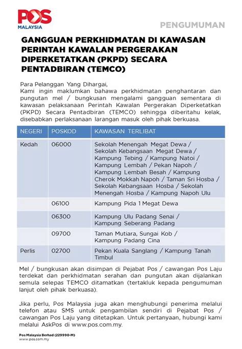 & anda menyediakan perkhidmatan seperti yang tertera. GANGGUAN PERKHIDMATAN POS MALAYSIA DI KAWASAN PERINTAH ...