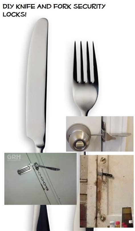 Using a cord with a slipknot or thicker rope is probably one of the easiest ways on how to open a locked bathroom door without ruining it. DIY Knife and Fork Security Locks - The Prepared Page