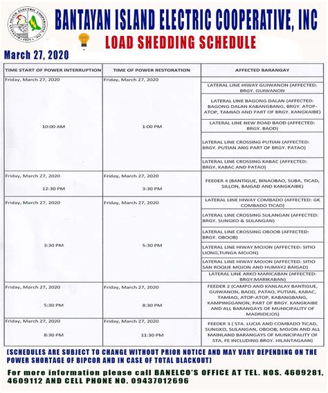 Checking your daily load shedding schedule can help you prepare for the rotational cuts that has recently been reimplemented by eskom. Load Shedding Schedules - Bantayan Electric Cooperative, Inc