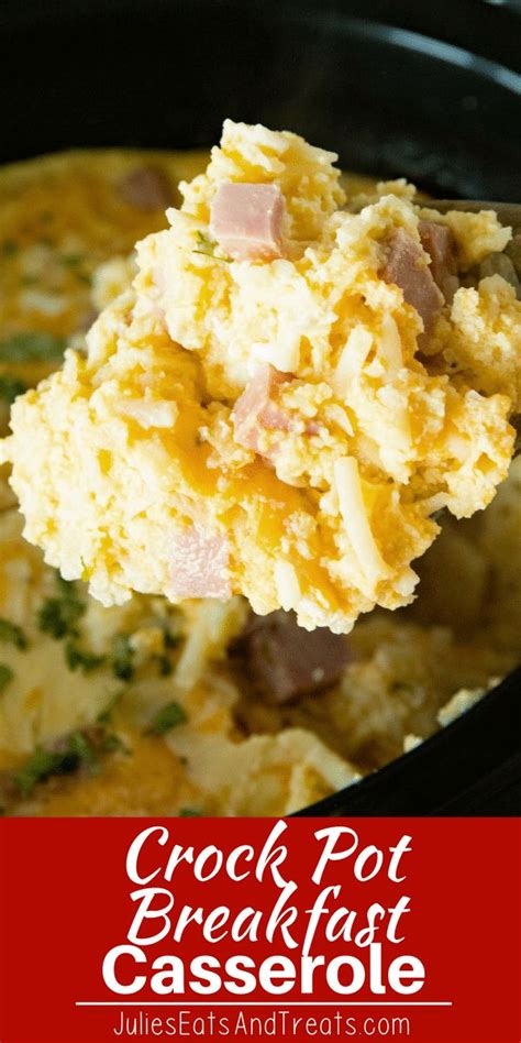 Make ahead crockpot breakfast casserole with sausage and hashbrowns. Cheesy Ham Crock Pot Breakfast Casserole is perfect for an overnight breakfast or ea ...