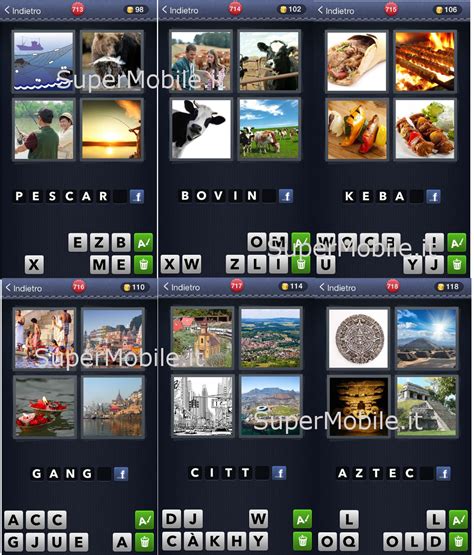 Screenshot con foto dei livelli e immagini presenti con soluzione. Soluzioni 4 Immagini 1 Parola Dal livello 701 al livello 750