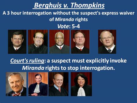 Thompkins is a 2010 decision by the united states supreme court in which the court considered the position of a suspect who understands his or her right to remain silent under miranda v. New York Court Watcher: Supreme Court: Highlights...(Part ...