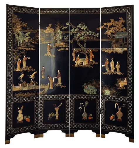 Vintage Chinese 4 Panel Lacquered Hardstone Screen | Chairish