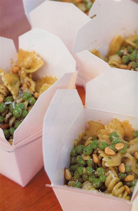 Pasta, pesto, and peas from barefoot contessa. use take-out boxes (craft store sells them) to package ...