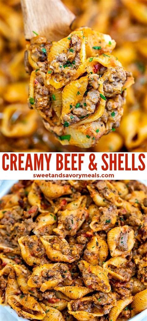 Add pasta shells, savory beef broth, and tangy tomato sauce; Creamy Beef and Shells - Creamy Beef and Shells is a ...