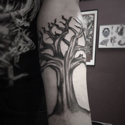 This black and grey tattoo is by sven rayen, a. Black and grey winter tree. Thanks Weston (With images) | Black and grey tattoos, Grey tattoo ...