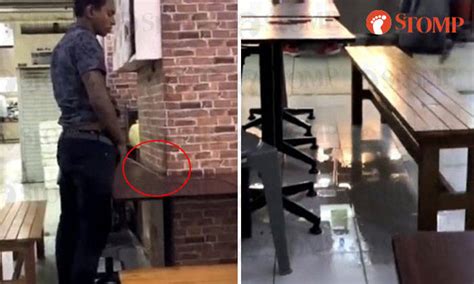 Pissing, bridge, stairs, public, source. Man takes break between meals to urinate on table at ...