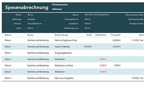 Screenshot der excel vorlage spesenabrechnung. Spesenabrechnung