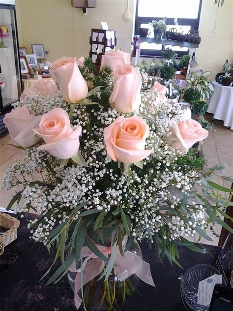 If you manage to find natural or tinted pink baby's breath, use it for celebrating the birth of infant girls or sending a delicate message of affection. dozen peach roses, babies breath, greens, eucalyptus ...