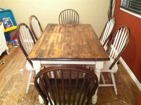 I loved the light distressed and glazed paint with the dark top. Our rustic kitchen table redo. A worthwhile Pinterest inspired DIY. :) I like the way the chairs ...