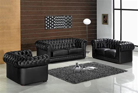 Modern living room design with brown and orange tweed sofa and black pillows. Leather Ultra Modern 3 Piece Living Room Set Paris Black