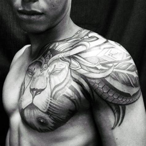 Maybe you would like to learn more about one of these? Creative Male Lion Chest And Shoulder Tribal Tattoos ...