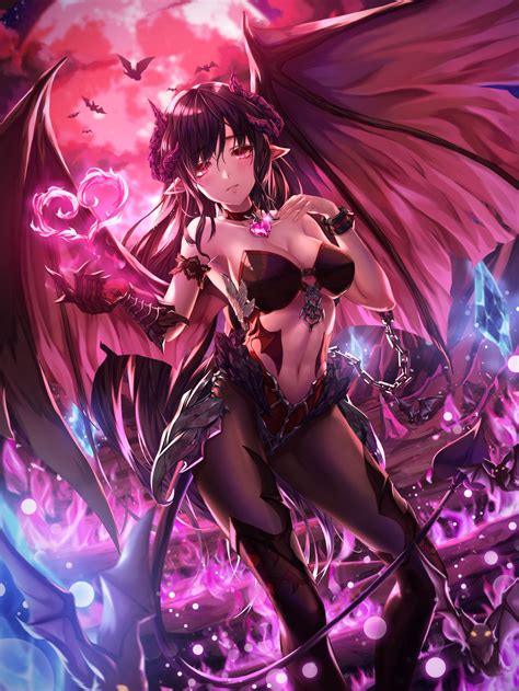 Red is the color of fire and blood. Wallpaper : anime girls, Moon, Blood moon, bats, wings ...