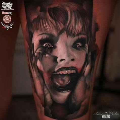 Viral video shows a woman in texas screaming at a tattoo parlor. Horror style colored thigh tattoo of creepy screaming woman - Tattooimages.biz