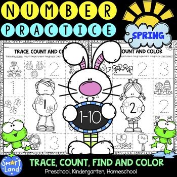 10 number tracing worksheets preschool. Number practice 1-10 (trace, find, color)/Spring by Smart Land Printables