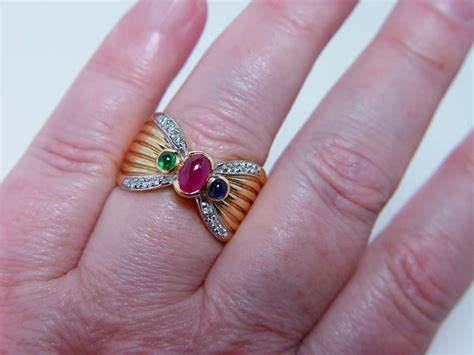 Design your very own family keepsake using a combination of emerald and any other birthstone ore gemstone in our collection. Ruby Sapphire Emerald Diamond Ring 14K Gold : Luvmydiamonds | Ruby Lane
