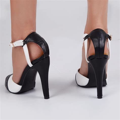 Shoespie Black and White Two Tone Patchwork T Strap Stiletto Heels