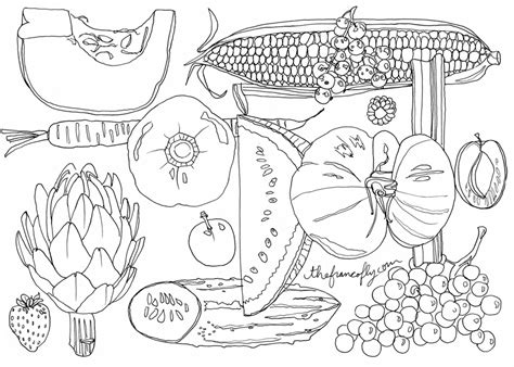 Kids can print out and color pictures of apple, banana, carrots, cherries, grape, mushroom, orange, pineapple, pumpkin, strawberry, tomato, vegetables, watermelon. seasonal eating - THEFRANCOFLY
