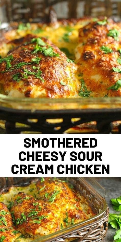 Combine the softened cream cheese, sour cream, garlic, salt, pepper, and 1/2 cup of the parmesan cheese and mix well. SMOTHERED CHEESY SOUR CREAM CHICKEN - Tasty Foods