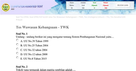 Topik yang sering keluar pada tes wawasan kebangsaan (twk) dalam tes seleksi cpns diantaranya: Soal Tes CPNS Soal CPNS Pdf Tes Wawasan Kebangsaan - TWK ...
